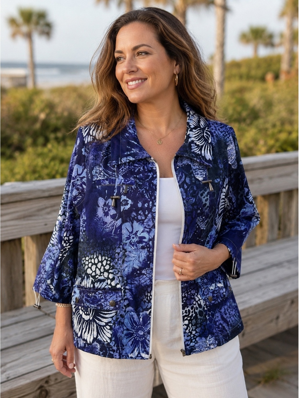 Blue Floral Utility Jacket Lightweight Zip-Up Coastal Grandma Artsy Women's M
